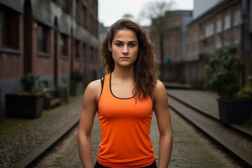 Fototapeta premium A woman in an orange tank top stands in front of a brick building