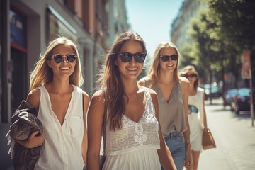 Three women are walking down a street, smiling and holding handbags