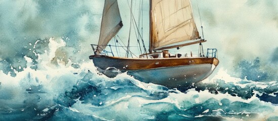 Obraz premium Watercolor illustration of an oil painting featuring a sailing boat on canvas