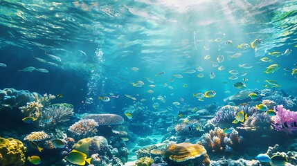 Obraz premium Breathtaking view of a vibrant coral reef teeming with colorful fish. Sunbeams illuminate the crystal clear water, creating a magical underwater world.