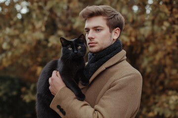 A man is holding a black cat in his arms. The cat is black and has a white spot on its face. The man is wearing a brown coat and a scarf. The image has a warm and cozy feeling, as if the man