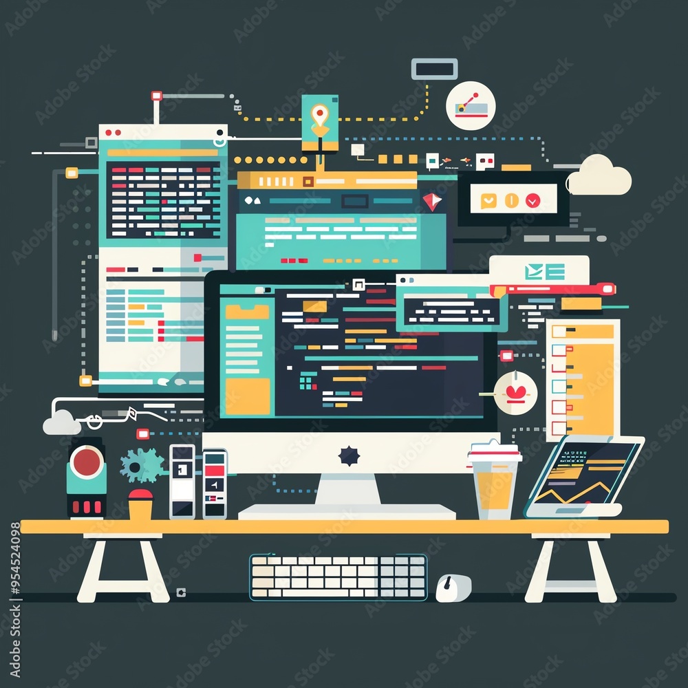 Poster software development tools, coding platforms, flat design illustration