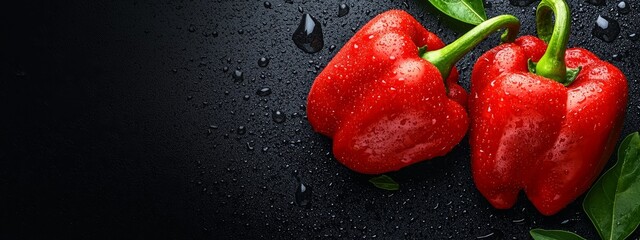  A couple of red peppers sit atop a black table, dripping with rain