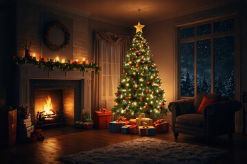 Interior Christmas. magic glowing tree, fireplace, gifts in dark 