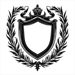 A black and white heraldic shield with a crown and laurel wreath
