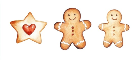 Obraz premium Watercolor illustration of gingerbread man heart and star Traditional holiday cookies with a festive baking theme Isolated on a white background