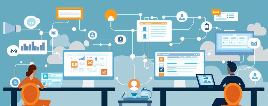 Online communication for businesses, seamless interactions, flat design illustration