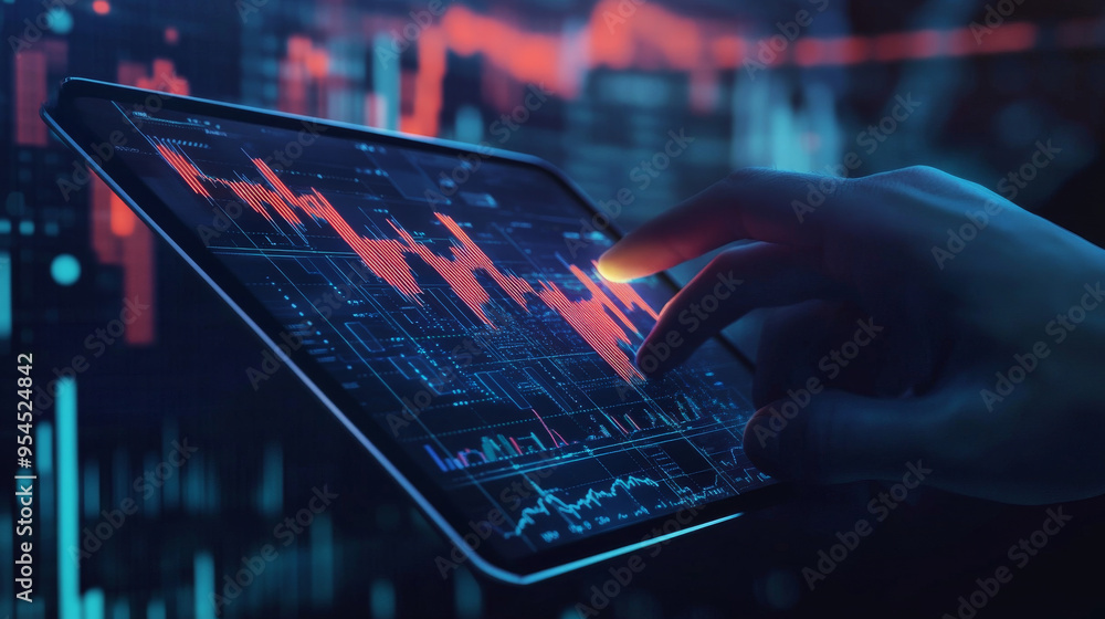 Poster a digital close-up of a human hand holding a tablet displaying an abstract stock market candlestick.