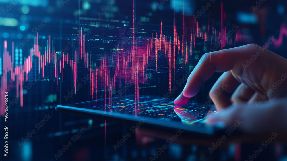 Poster a digital close-up of a human hand holding a tablet displaying an abstract stock market candlestick.