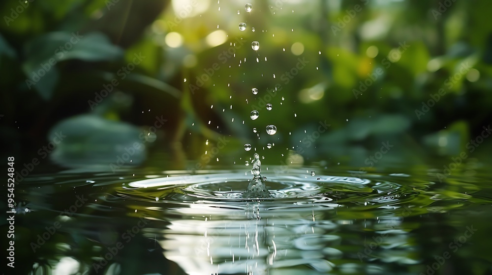 Poster water drop falling into a still pond, creating a splash and ripples. the background is a lush green 