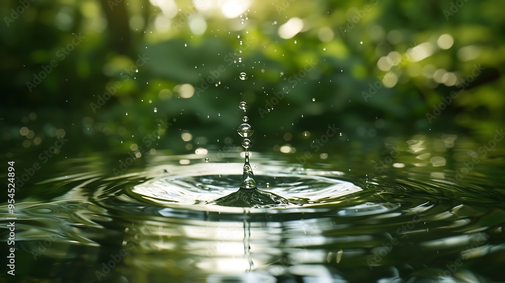 Aufkleber water drop splashes into a pond, creating concentric ripples on the surface. the background is a blu