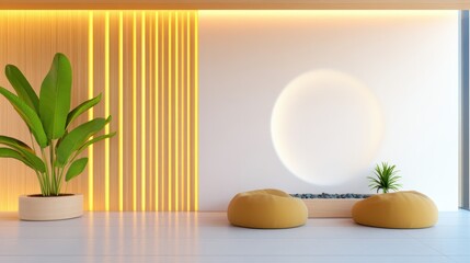 Fototapeta premium Tranquil Employee Oasis: Relaxation Area with Bean Bags, Water Feature, and Ambient Lighting for Calming Retreat from Work, Copy Space Available