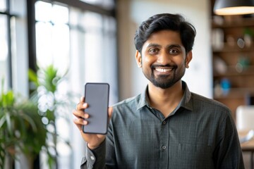 Fototapeta premium Smiling Indian man holding a smartphone with an empty screen, dressed casually. 