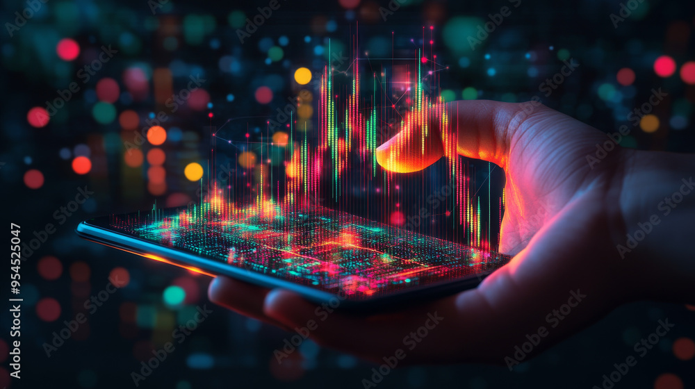 Poster a digital close-up of a human hand holding a tablet displaying an abstract stock market candlestick.