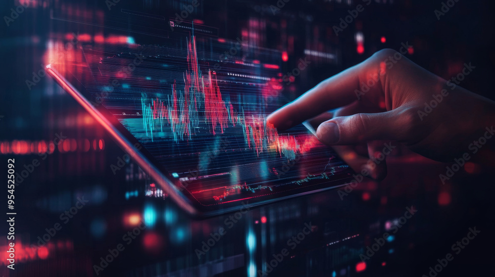 Poster a digital close-up of a human hand holding a tablet displaying an abstract stock market candlestick.