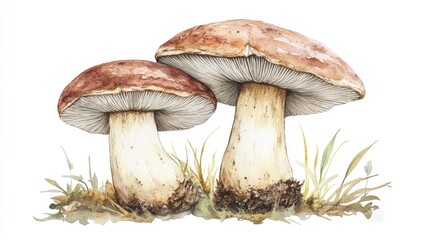 Watercolor illustration of Hydnellum ferrugineum featuring a mealy tooth or reddish brown corky spine mushroom in a close up digital art style Includes a depiction of a Boletus with a pinkish white