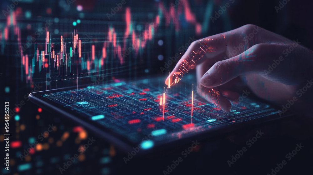 Poster a digital close-up of a human hand holding a tablet displaying an abstract stock market candlestick.