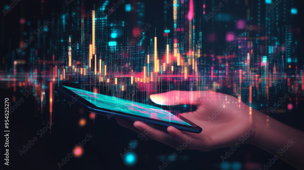 Poster a digital close-up of a human hand holding a tablet displaying an abstract stock market candlestick.
