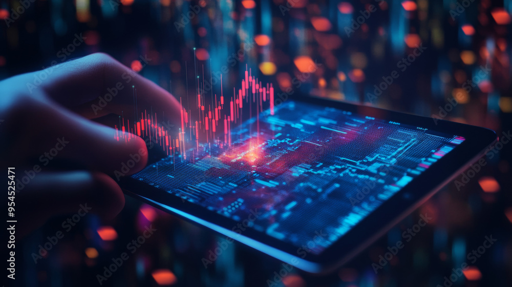 Poster a digital close-up of a human hand holding a tablet displaying an abstract stock market candlestick.