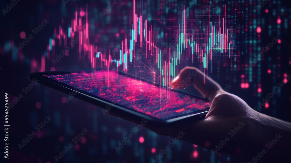Poster a digital close-up of a human hand holding a tablet displaying an abstract stock market candlestick.