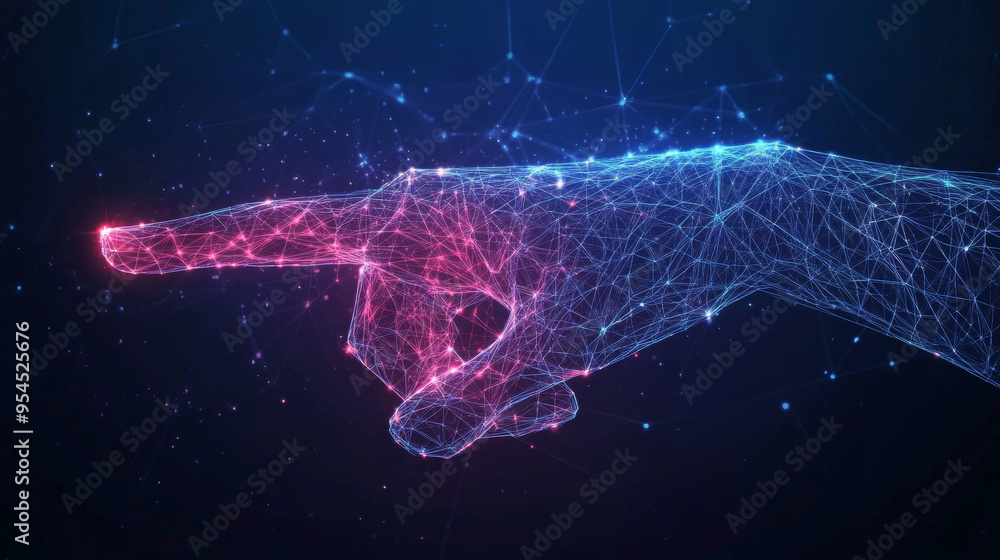 Aufkleber an abstract digital hand pointing, depicted with forefinger in polygons and lines. this vector low p