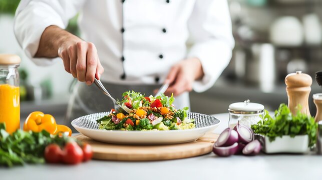 A chef prepares a colorful salad in a modern kitchen, showcasing fresh ingredients and culinary expertise.