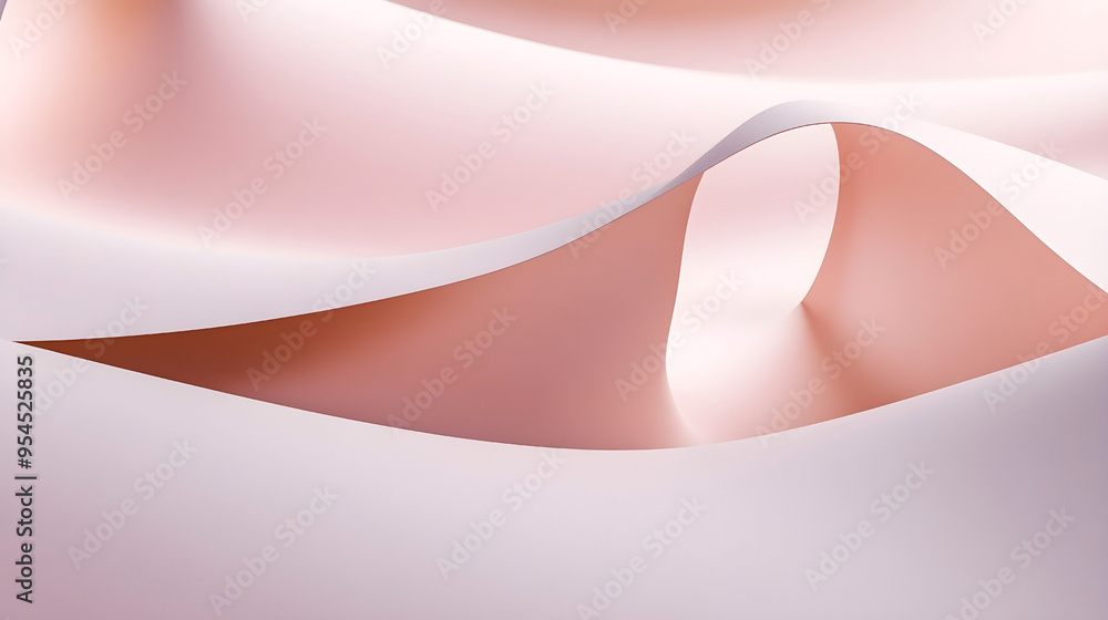 Poster abstract composition of smooth, flowing pastel shapes in soft pink and peach tones, creating a seren