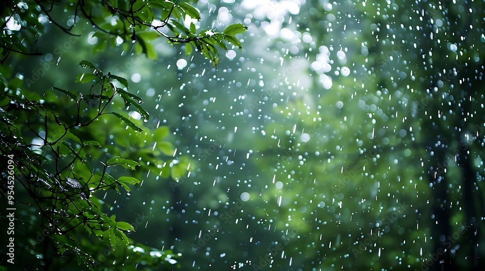 Poster close-up of raindrops falling through the leaves of a tree in a forest. the image is blurred and cap