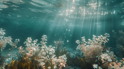 Obraz premium Breathtaking view of sunbeams piercing through the crystal clear water, illuminating vibrant underwater flora. The scene captures the beauty and serenity of the ocean depths.