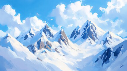 Obraz premium A stunning mountain landscape featuring snow-capped peaks and a bright blue sky dotted with fluffy clouds.