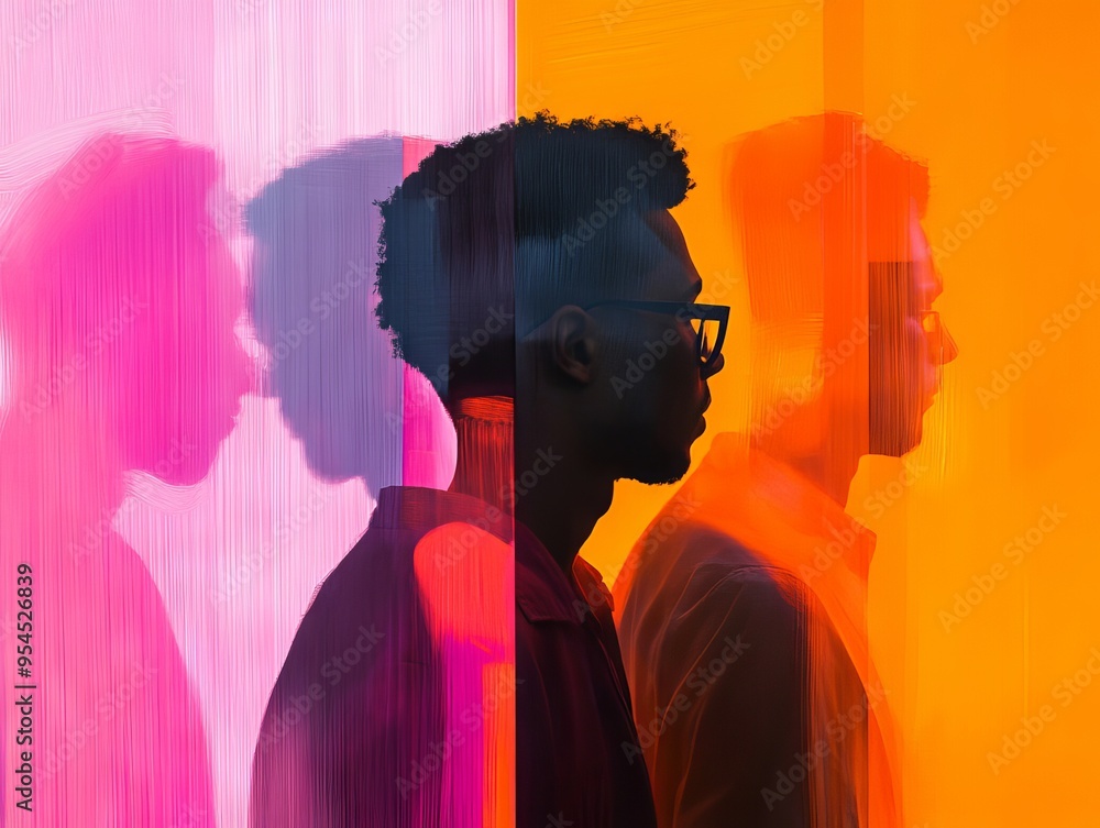 Poster abstract portrait featuring two men with colorful shadows, creating a dynamic interplay of light and
