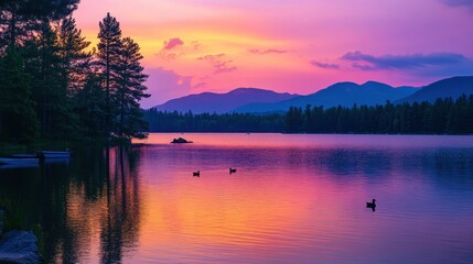 Fototapeta premium A colorful summer sunset over a serene lake, where the sky is painted in shades of pink, purple, and orange. The calm water reflects the vivid colors, creating a mirror-like surface.