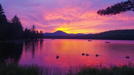 Fototapeta premium A colorful summer sunset over a serene lake, where the sky is painted in shades of pink, purple, and orange. The calm water reflects the vivid colors, creating a mirror-like surface.