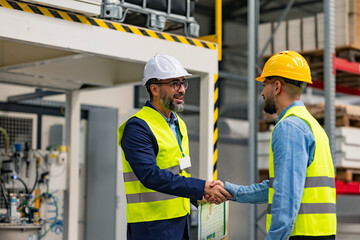 Engineer shaking hands with project manager in modern industrial factory, talking about new...