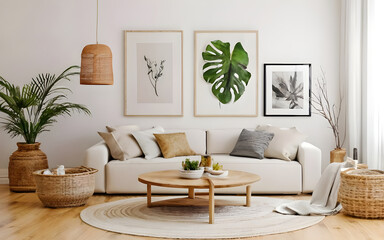 Obraz premium Round wood coffee table against white sofa. Scandinavian home interior design of modern living room.Modern Scandinavian living room,neutral color palette, beige sofa with throw pillows, wooden coffee 