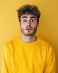 Fototapeta premium a young guy with a surprised face in yellow clothes on a decom background