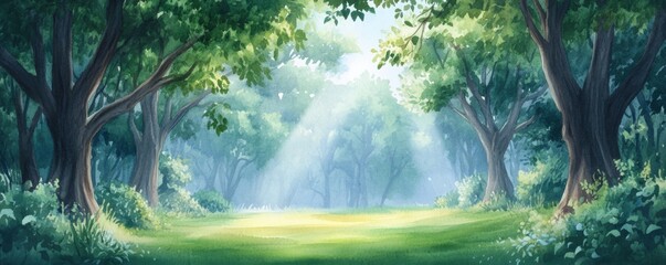 Obraz premium A tranquil watercolor scene of a quiet forest clearing with sunlight gently filtering through the trees, evoking a peaceful and serene atmosphere.
