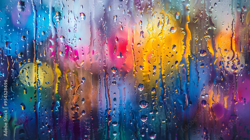 Aufkleber close-up shot of raindrops on a window pane with blurry city lights in the background. the water dro
