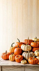 Orange, yellow and white pumpkins are lying on white wooden table. Generative AI