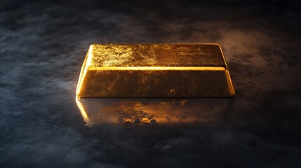 Illuminated Wealth: Single Gold Bar Glowing on Reflective Surface with Moody Lighting and Financial Focus