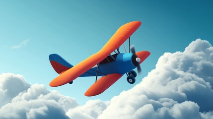 A colorful biplane soaring through fluffy clouds in a bright blue sky, capturing the essence of adventure and freedom.