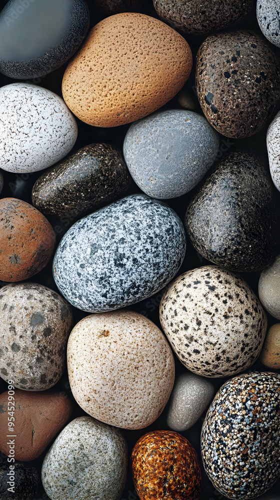 Poster a collection of smooth, colorful stones with different textures and patterns.