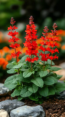 A cluster of vibrant red flowers with green leaves bloom in a garden bed.