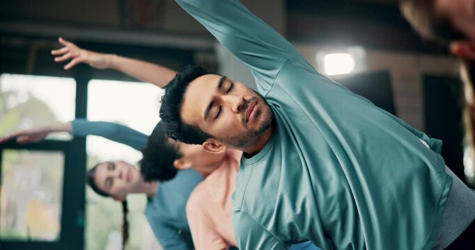 Yoga, stretching and people in class for wellness, health and balance of body and mind. Calm, pilates and yogi group with exercise for flexibility, peace and blood flow increase in zen studio.