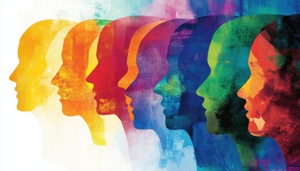 Naklejka premium Multicultural Education Mosaic: Vibrant Head Silhouettes Embracing Diversity in Learning