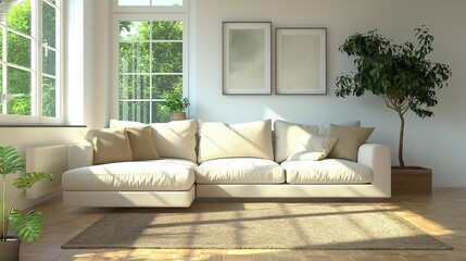 Fototapeta premium Modern home living room interior with cozy sofa and wood furniture
