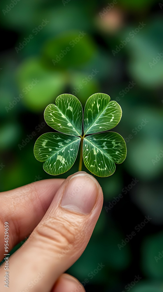 Canvas Prints A finger holding a four-leaf clover with green background.