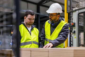 Young man with Down syndrome working in modern factory, colleague teaching him about his job,...