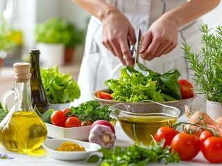 A lively kitchen scene showcasing the preparation of a nutritious meal, ideal for promoting healthy eating