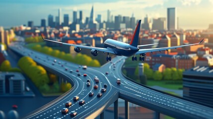 A stunning aerial view of a city skyline with an aircraft flying over a busy highway, showcasing urban life and transportation.